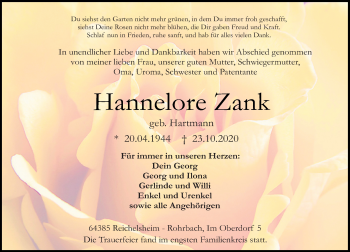 Traueranzeige von Hannelore Zank von vrm-trauer