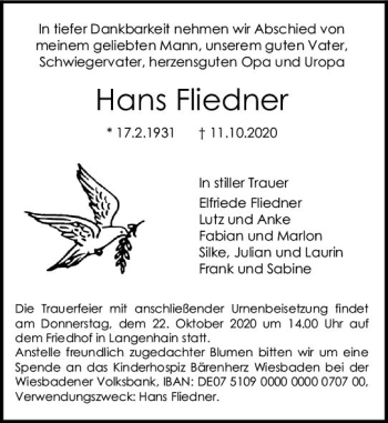 Traueranzeige von Hans Fliedner von vrm-trauer