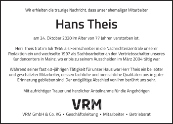 Traueranzeige von Hans Theis von vrm-trauer
