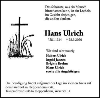 Traueranzeige von Hans Ulrich von vrm-trauer