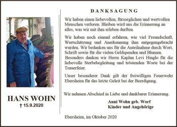 Traueranzeige von Hans Wohn von vrm-trauer