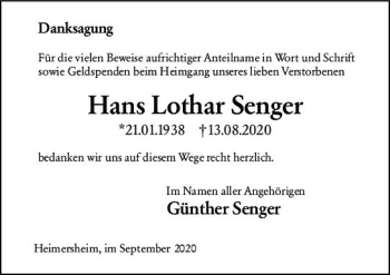 Traueranzeige von Hans Lothar Senger von vrm-trauer