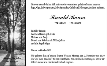 Traueranzeige von Harald Baum von vrm-trauer