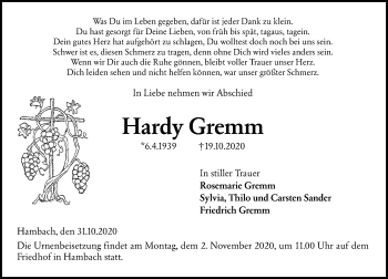 Traueranzeige von Hardy Gremm von vrm-trauer