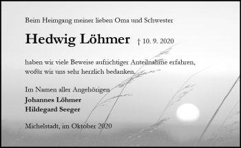 Traueranzeige von Hedwig Löhmer von vrm-trauer