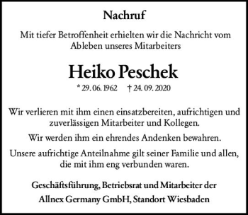 Traueranzeige von Heiko Peschek von vrm-trauer