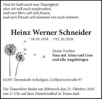 Traueranzeige von Heinz Werner Schneider von vrm-trauer