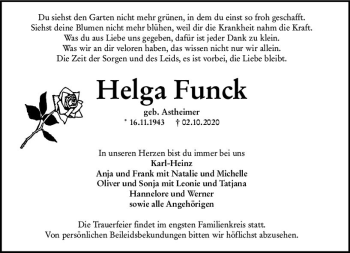 Traueranzeige von Helga Funck von vrm-trauer
