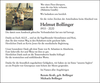 Traueranzeige von Helmut Bollinger von vrm-trauer