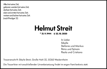 Traueranzeige von Helmut Streit von vrm-trauer