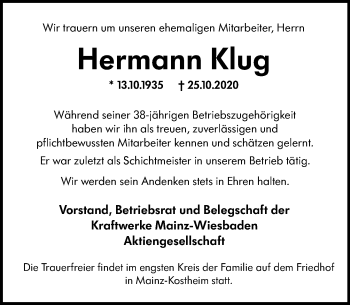Traueranzeige von Hermann Klug von vrm-trauer