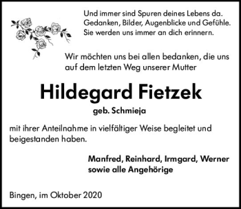 Traueranzeige von Hildegard Fietzek von vrm-trauer