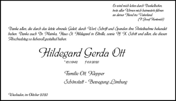 Traueranzeige von Hildegard Gerda Ott von vrm-trauer