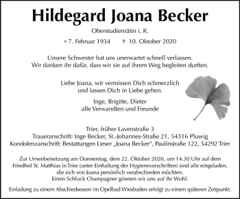 Traueranzeige von Hildegard Joana Becker von vrm-trauer