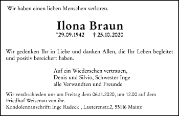 Traueranzeige von Ilona Braun von vrm-trauer