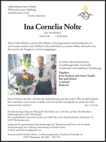 Traueranzeige von Ina Cornelia Nolte von vrm-trauer