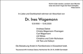 Traueranzeige von Ines Wagemann von vrm-trauer
