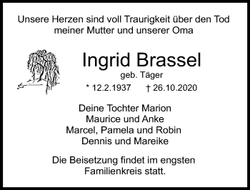 Traueranzeige von Ingrid Brassel von vrm-trauer
