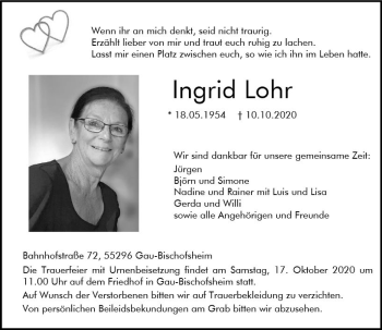 Traueranzeige von Ingrid Lohr von vrm-trauer