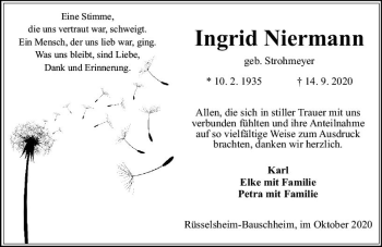 Traueranzeige von Ingrid Niermann von vrm-trauer