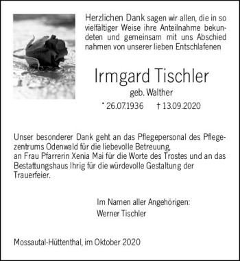 Traueranzeige von Irmgard Tischler von vrm-trauer