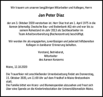 Traueranzeige von Jan Peter Diaz von vrm-trauer