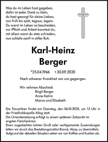 Traueranzeige von Karl-Heinz Berger von vrm-trauer