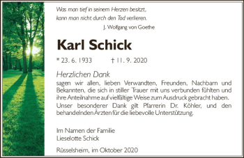 Traueranzeige von Karl Schick von vrm-trauer