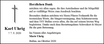 Traueranzeige von Karl Uhrig von vrm-trauer