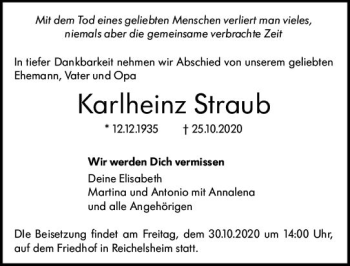 Traueranzeige von Karlheinz Straub von vrm-trauer