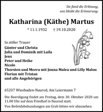 Traueranzeige von Katharina  Martus von vrm-trauer