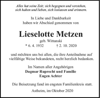 Traueranzeige von Lieselotte Metzen von vrm-trauer