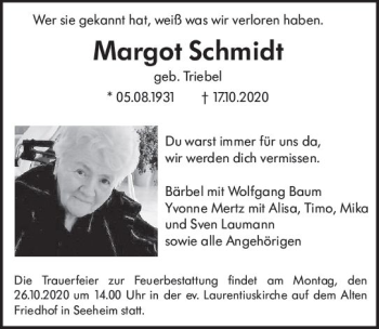 Traueranzeige von Margot Schmidt von vrm-trauer