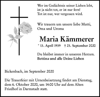 Traueranzeige von Maria Kämmerer von vrm-trauer