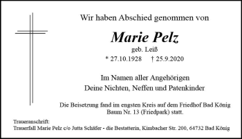 Traueranzeige von Marie Pelz von vrm-trauer