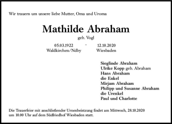 Traueranzeige von Mathilde Abraham von vrm-trauer