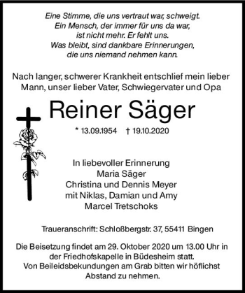 Traueranzeige von Reiner Säger von vrm-trauer