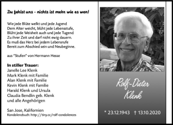 Traueranzeige von Rolf-Dieter Klenk von vrm-trauer