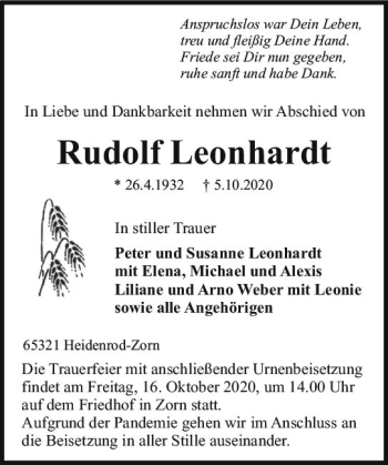 Traueranzeige von Rudolf Leonhardt von vrm-trauer