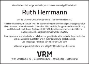 Traueranzeige von Ruth Herrmann von vrm-trauer