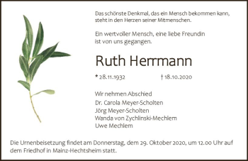 Traueranzeige von Ruth Herrmann von vrm-trauer