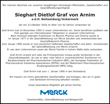 Traueranzeige von Sieghart Dietlof Graf von Arnim a.d.H. Boitzenburg/Uckermark von vrm-trauer