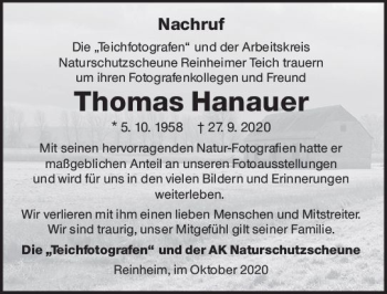 Traueranzeige von Thomas Hanauer von vrm-trauer