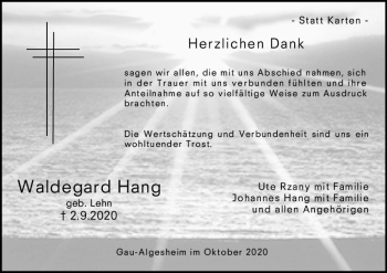 Traueranzeige von Waldegard Hang von vrm-trauer