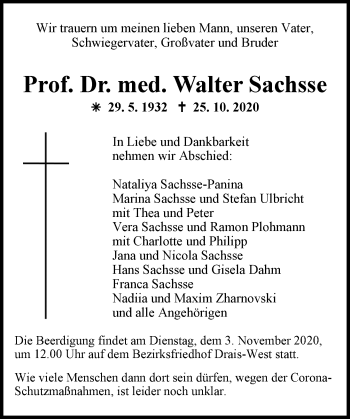 Traueranzeige von Walter Sachsse von vrm-trauer
