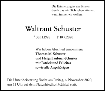Traueranzeige von Waltraut Schuster von vrm-trauer