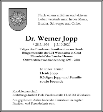 Traueranzeige von Werner Jopp von vrm-trauer