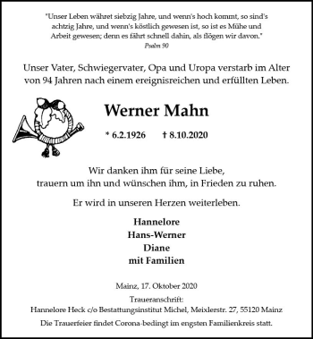Traueranzeige von Werner Mahn von vrm-trauer