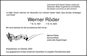 Traueranzeige von Werner Röder von vrm-trauer