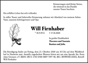 Traueranzeige von Will Firnhaber von vrm-trauer